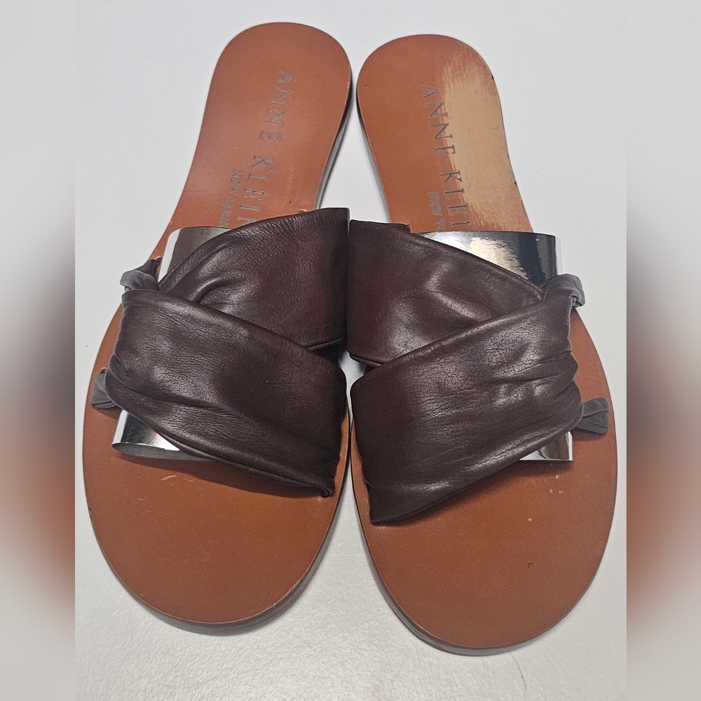 Anne Klein Brown Leather Slide Sandals – Size 7.5M